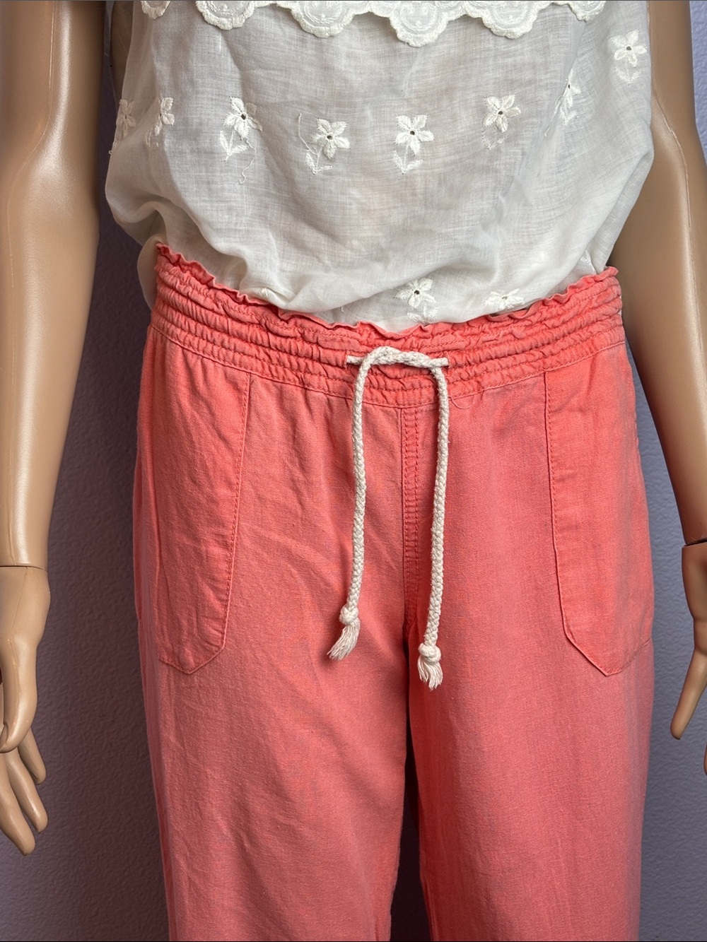 Kiss & Cry Casual Drawstring Linen-Blend Beach Pants in Peachy Coral - Picture 9 of 9